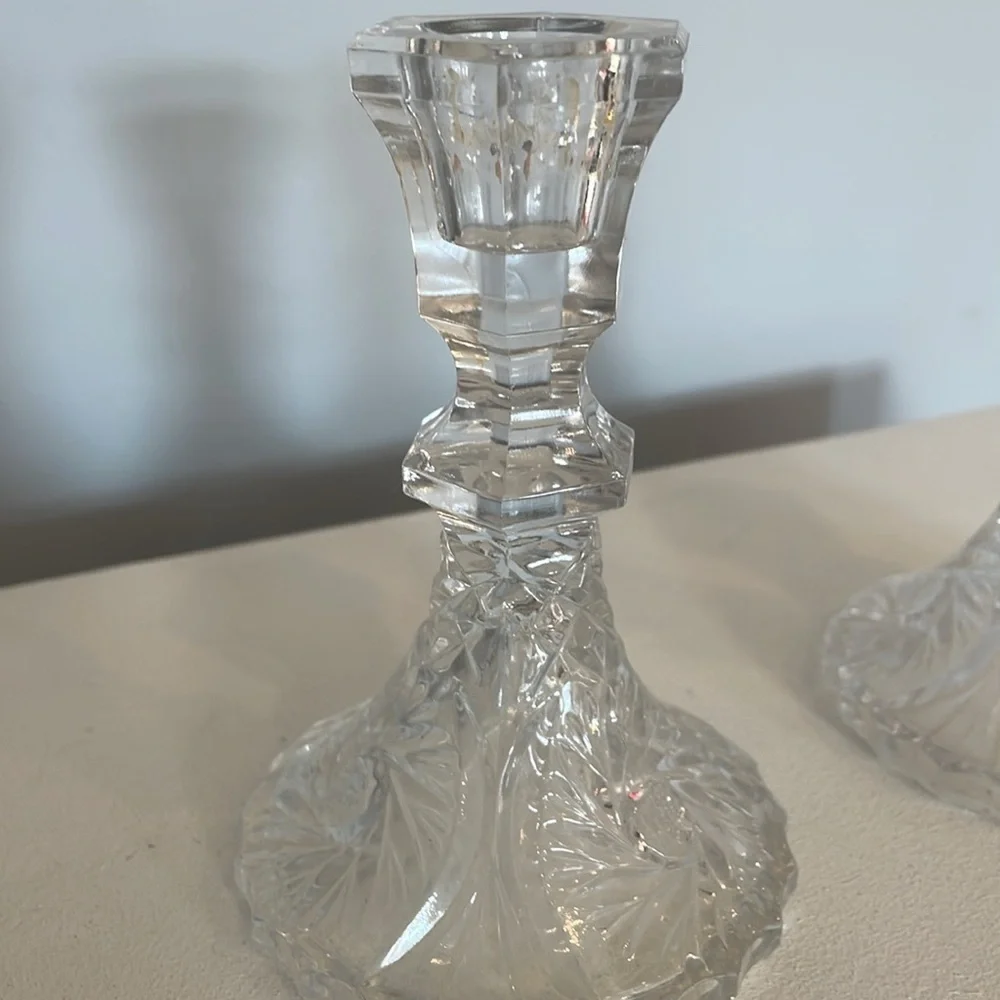 Antique glass candle sticks unique detailed etching